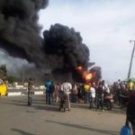 PETROL TANKER EXPLOSION AT CELE BUS STOP, TWO BURNT TO DEATH, SEVERAL TRUCKS AND CARS DESTROYED